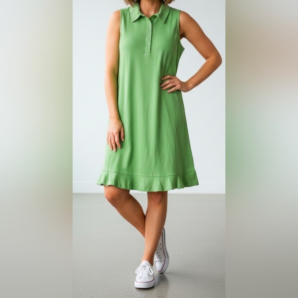 Isaac Mizrahi Live Green Sleeveless Polo Dress w Buttons, Collar, Ruffle Hem, L - Picture 9 of 9